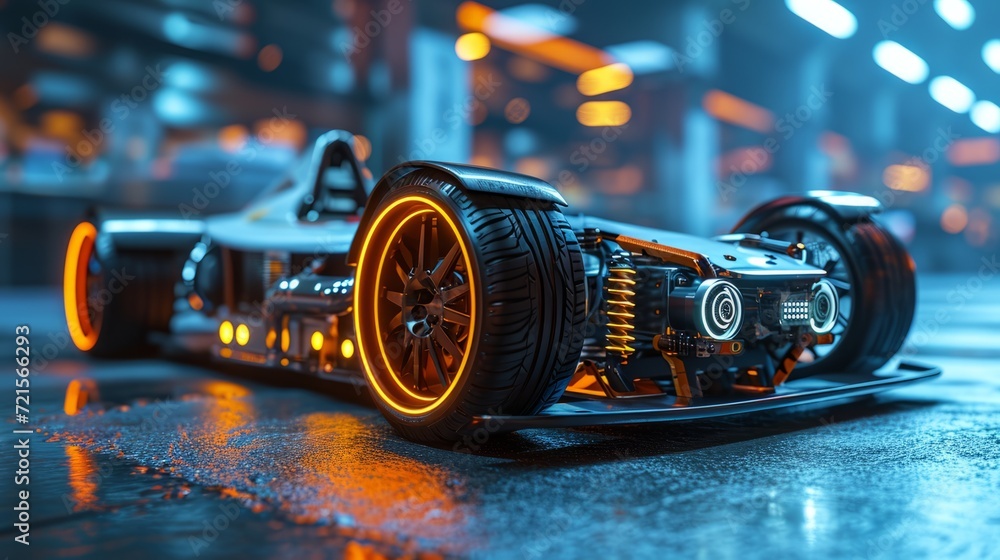 Poster 3d graphics rendering showing a prototype of an electric sport vehicle, allowing to see the layout o