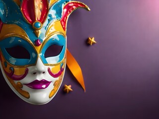 The concept of party and entertainment is represented by a vibrant carnival mask adorned with a multitude of bright colors, leaving ample space for text. Generative AI
