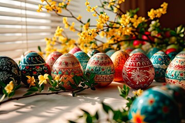 Paint-painted Easter eggs dry on a windowsill by the window.