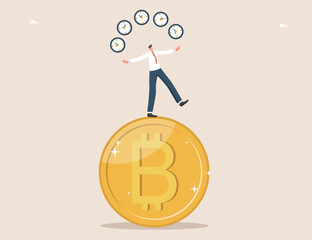 Cryptocurrency return time, income from buying digital currency in cryptocurrency market, successful time management to success in foreign exchange market, man juggling clock while standing on bitcoin