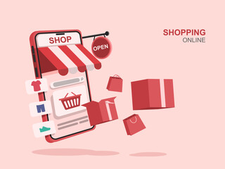 concept Parcel box floated front of the smartphone. online shopping on social media. Mobile .vector