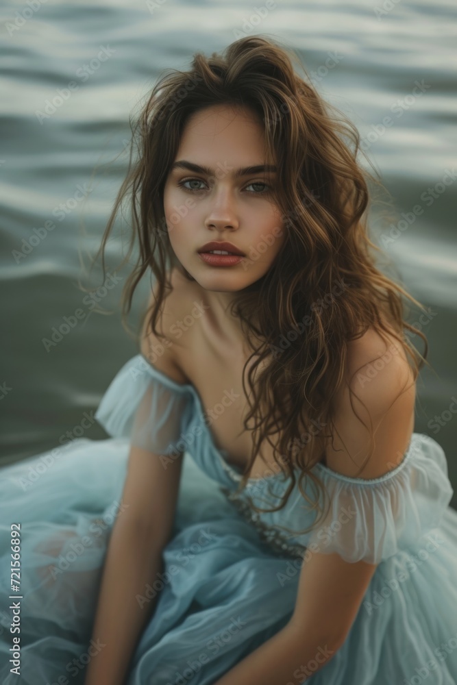 Poster  a woman in a blue dress sitting on a body of water with her hair blowing in the wind and looking at the camera with a serious look on her face.