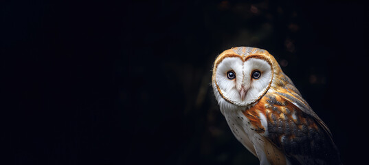 Close up of the barn owl sitting and looking, dark background, banner