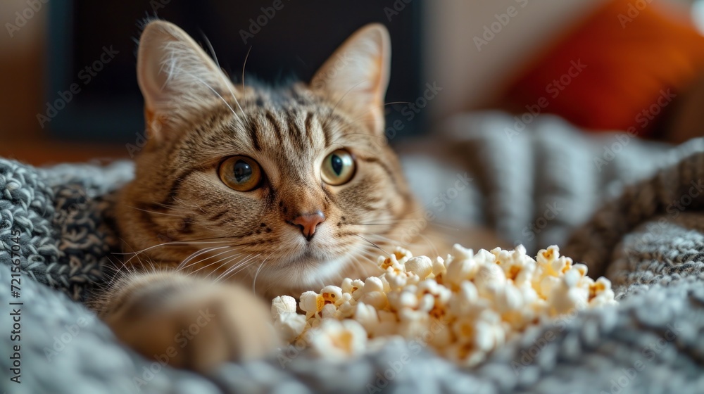Aufkleber a close up of a cat laying on a blanket with a bowl of popcorn in front of it and a cat staring at t