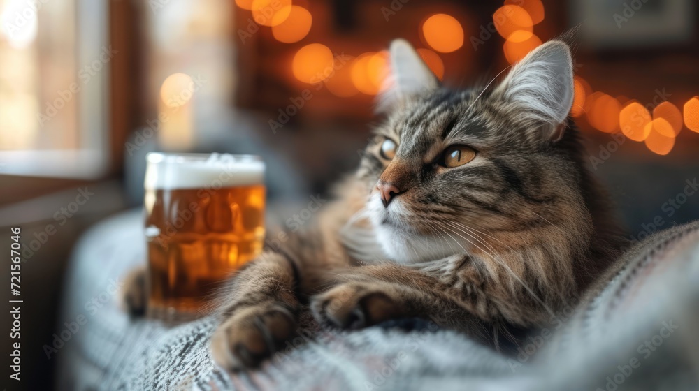 Poster a close up of a cat laying on a couch with a glass of beer in front of it and a blurry background of