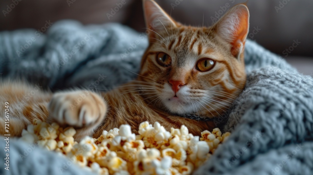 Poster a close up of a cat laying on a blanket with a bowl of popcorn in front of it and a cat paw on top o