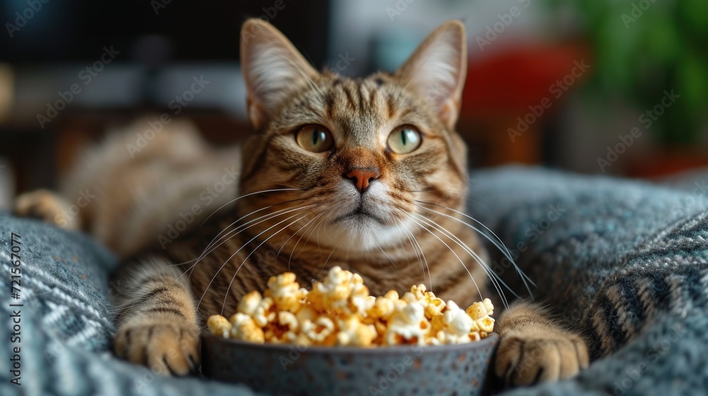 Aufkleber a cat is sitting on a couch with a bowl of popcorn in front of it and staring at the camera with a s