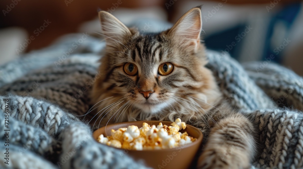 Aufkleber a cat is sitting on a blanket with a bowl of popcorn and a bowl of popcorn is in front of it and a b