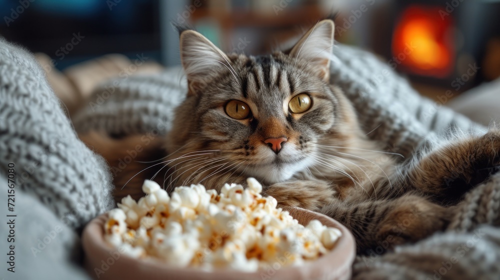 Aufkleber a close up of a cat laying on a blanket with a bowl of popcorn and a bowl of popcorn in front of it 