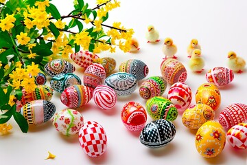 Eggs with coloured shells scattered randomly on a white background.