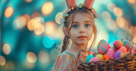 Fototapeta na wymiar Cute little child girl wearing bunny ears on Easter day. Girl has basket with painted eggs. Place for text. Happy Easter.