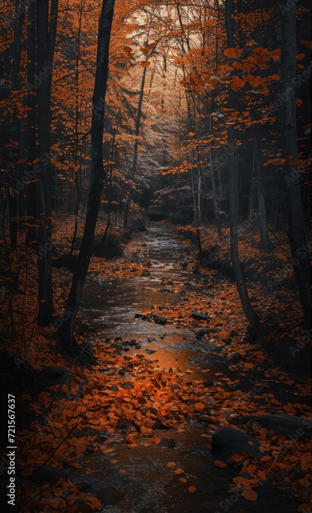 Poster a stream in the middle of a forest with leaves on the ground and trees with orange leaves on the gro