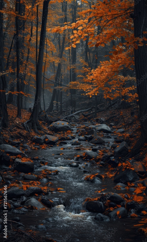 Poster  a stream running through a forest filled with trees covered in orange leaves and surrounded by rocks and trees with orange leaves on the tops of the tops of the trees.