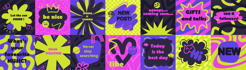 Colorful abstract backgrounds with retro shapes. Groovy  design in trendy  90s cartoon style. Psychedelic, acid clors, design elements, stickers. Speech bubbles. Place for text, quote.