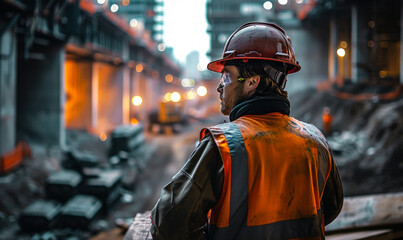 Industrial Worker in Protective Gear Overlooking a Busy Construction Site, Embodying the Essence of Labor, Engineering, and Safety in a Work Zone