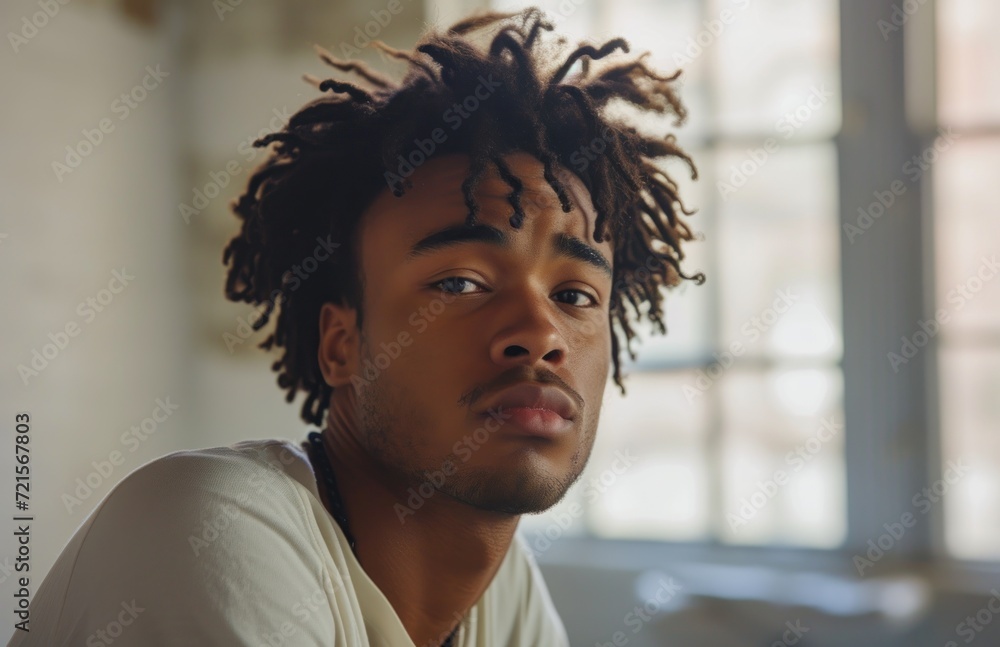 Poster a close up of a person with dreadlocks looking off to the side with a window in the background and a