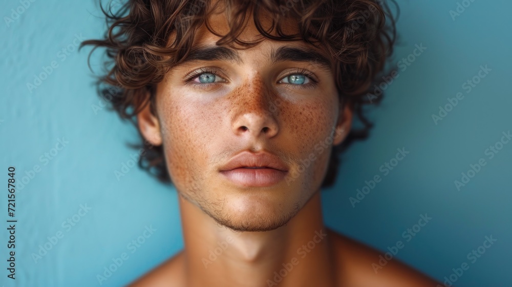 Sticker  a close up of a young man with freckles on his face and freckles on his chest, looking straight ahead, with a blue wall in the background.