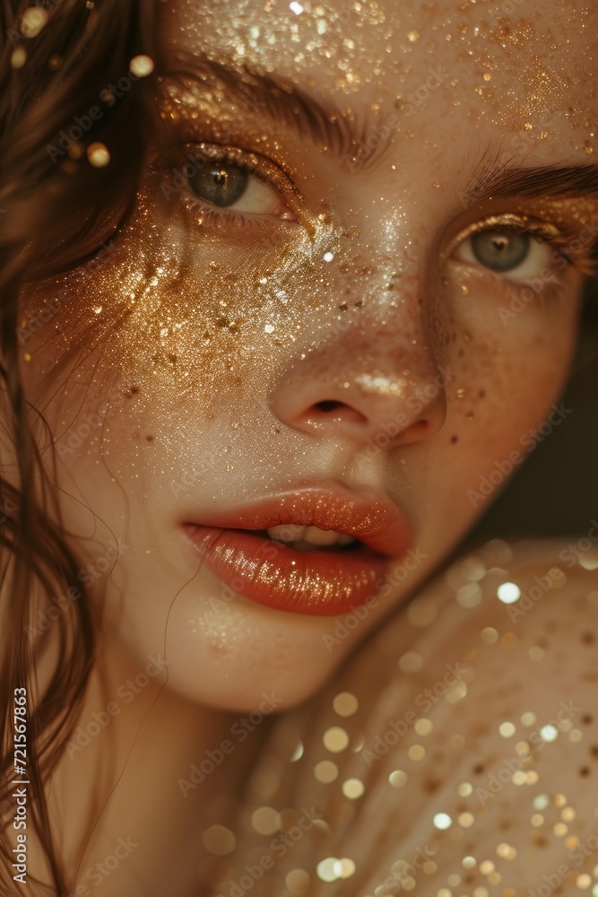 Poster  a close up of a woman's face with gold glitters on her face and her hair blowing in the wind and she is wearing a white dress with gold sequins on her face.