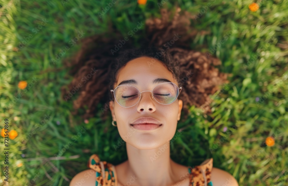 Poster  a woman laying in the grass with her eyes closed