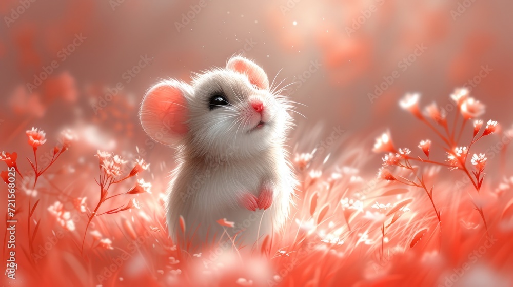 Poster a painting of a mouse in the middle of a field of flowers with a blurry background of red and white 