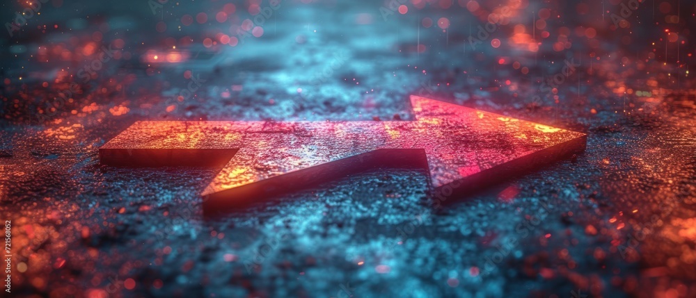 Wall mural a close up of a red and blue arrow on a wet surface with boke of light coming from the top of the ar