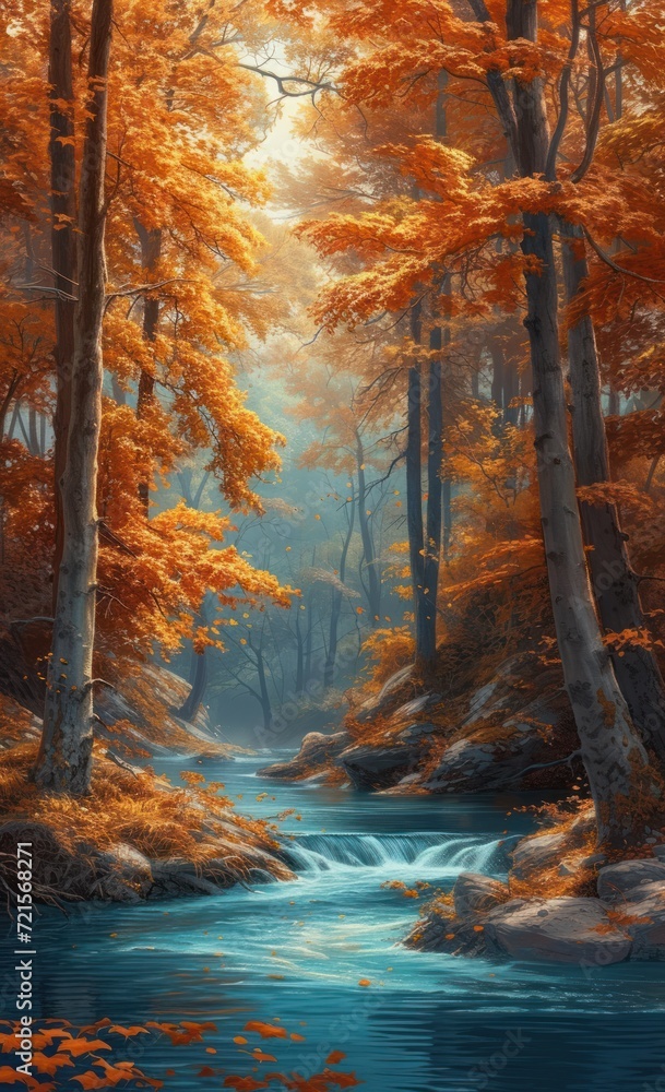 Poster a painting of a stream running through a forest filled with trees and orange leaves on a sunny day w