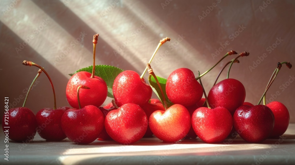 Sticker  a group of cherries sitting on top of a table next to a green leaf on top of a piece of paper with a shadow of a wall in the background.