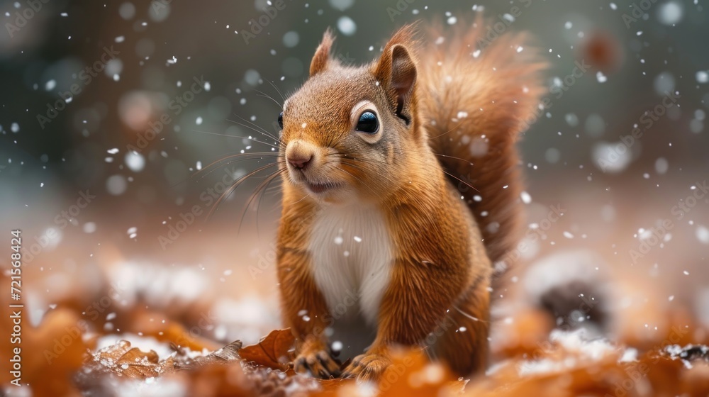 Poster a close up of a squirrel in a field of leaves with snow falling on it's back and a blurry background