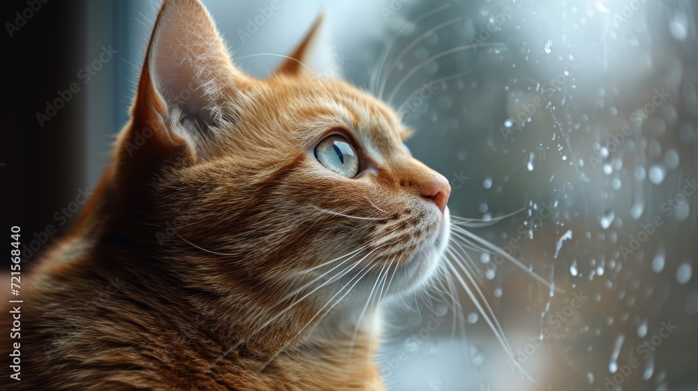 Poster a close up of a cat looking out of a window with raindrops on the outside of the window and on the i