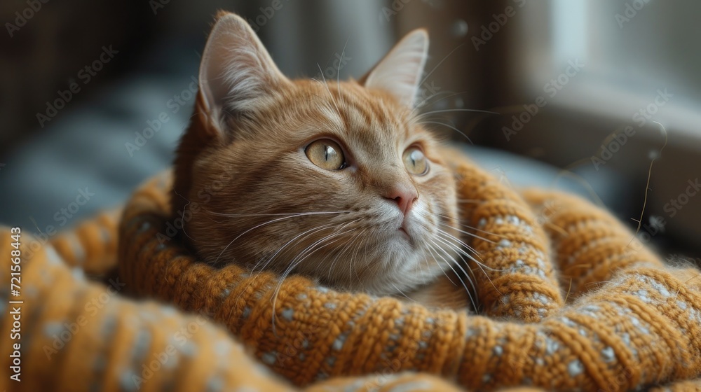 Poster a close up of a cat laying on a bed with a blanket on it's back and looking at the camera with a ser