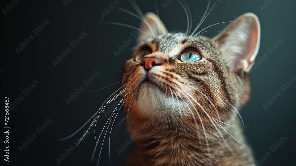 Poster a close up of a cat's face with it's eyes open and it's head turned to the side with it's eyes wide 