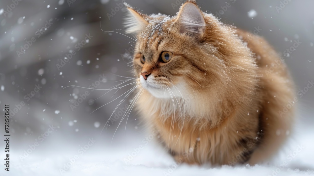 Poster a close up of a cat in the snow with snow flakes on it's head and a blurry background of trees and s