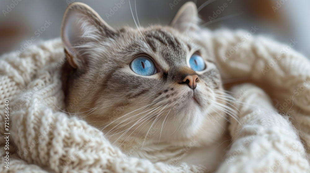 Poster a close up of a cat with a blanket on it's head and eyes looking up and to the side with a serious l