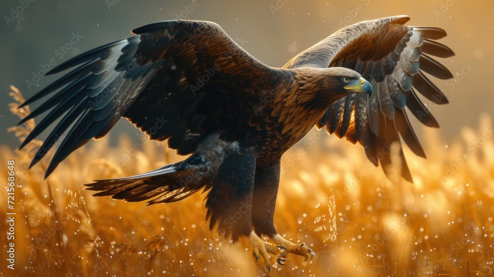 Poster a large bird of prey with wings spread out in a field of tall grass with drops of dew on it's wings 