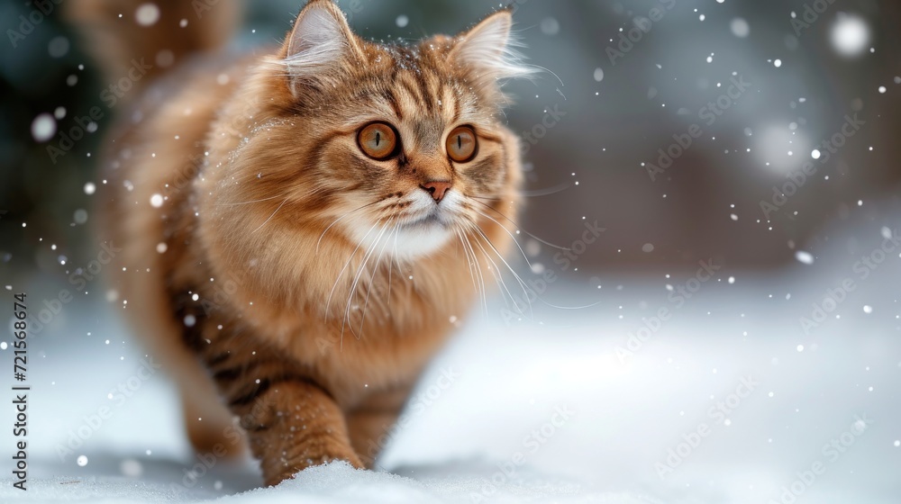 Poster a close up of a cat walking in the snow with snow flakes on it's face and a blurry background of tre