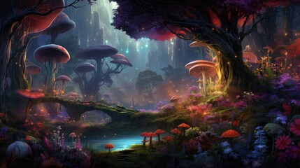 Enchanting forest landscape with glowing mushrooms and floral vegetation. Fantasy and magic.