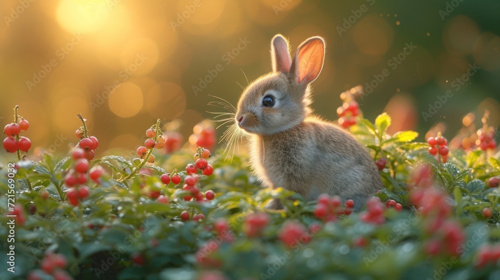 Poster  a small rabbit sitting in the middle of a field of flowers with the sun shining on it's back and behind it is a bush with red berries and green leaves.