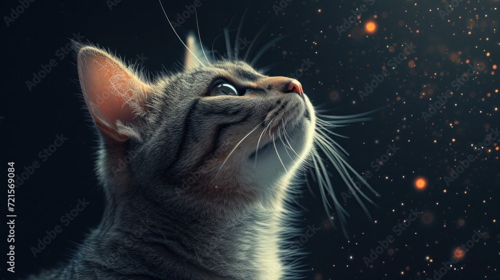 Poster a close up of a cat looking up at the sky with stars in the sky behind it and a black background wit