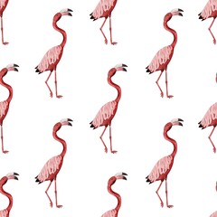 Pattern with cute pink flamingo on white background