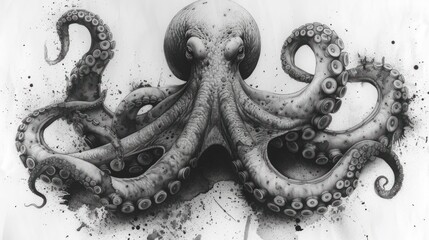  a drawing of an octopus in black and white with ink splatters on it's face and tentacles, with a white background of black and white paper.
