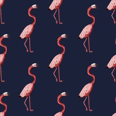 Pattern with cute pink flamingo on dark blue background