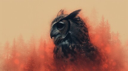 Naklejka premium a painting of an owl standing in front of a forest with red smoke coming out of it's back and a light orange back ground with trees in the background.