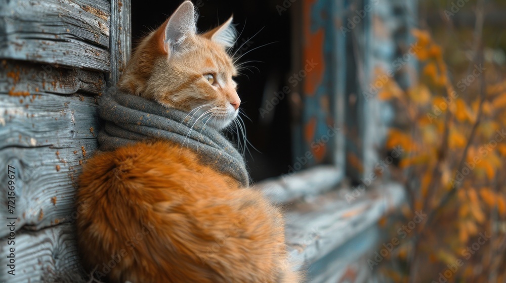 Poster a close up of a cat on a window sill with a scarf around it's neck and a tree in the back ground in 