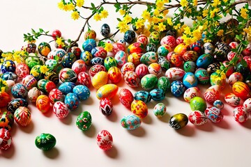 An aerial view of a very large number of painted Easter eggs on a white background.