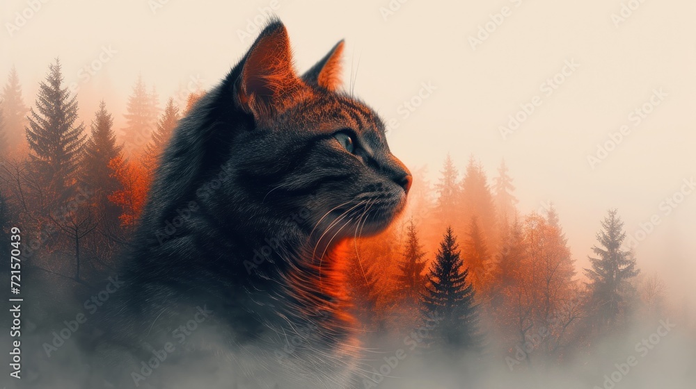 Aufkleber a painting of a cat in the middle of a forest with trees in the background and a foggy sky in the fo
