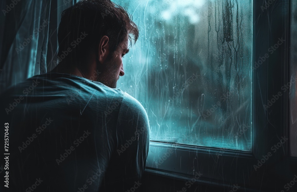 Poster a man standing in front of a window, looking out at the rain he appears to be in a state of distress