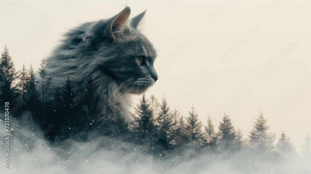 Poster a close up of a cat in the middle of a foggy area with trees in the background and a foggy sky in th