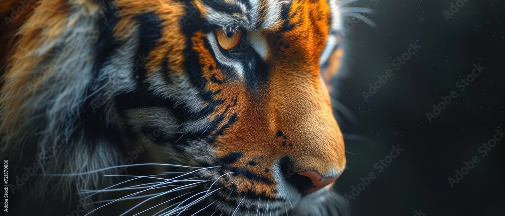 Poster a close - up of a tiger's face with a blurry background of the tiger's fur and the upper part of its