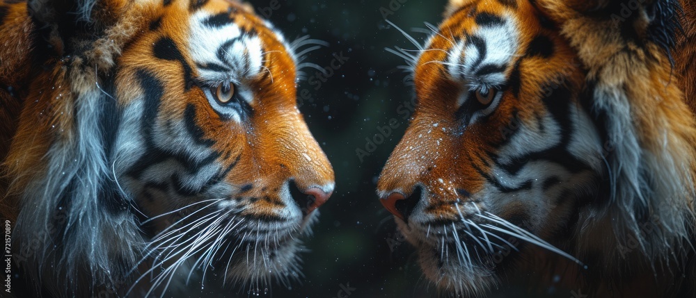 Poster a couple of tigers standing next to each other in front of a window with drops of water on its face 
