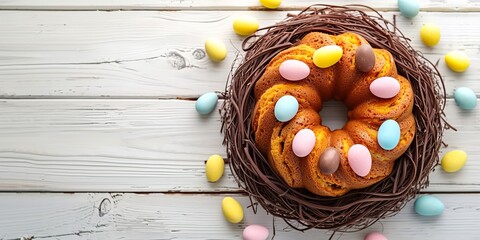 Easter bundt cake with chocolate nest of colorful easter eggs - obrazy, fototapety, plakaty
